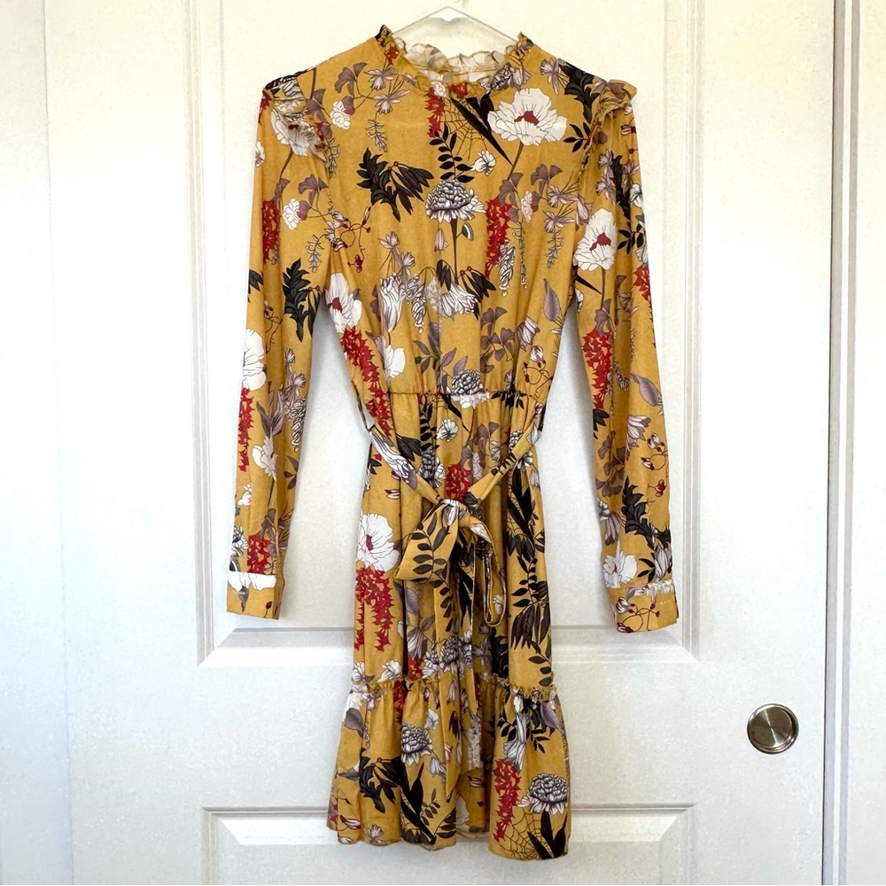 Yellow Floral Print Long Sleeve Dress
